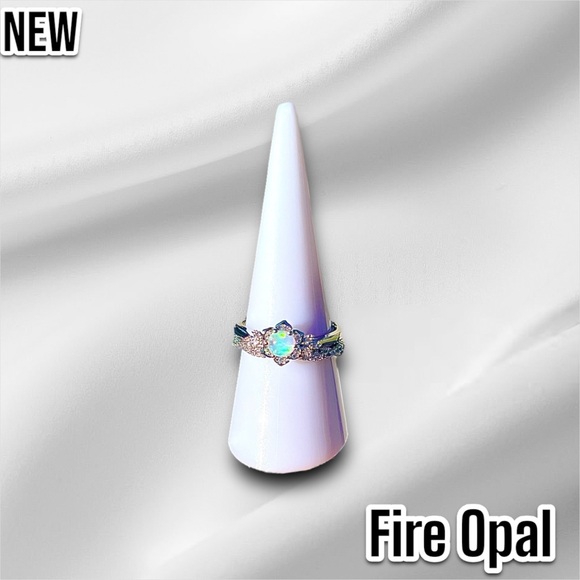 New White Fire Opal Flower CZ Crystal Vintage Wedding Engagement Ring Set - Picture 11 of 14